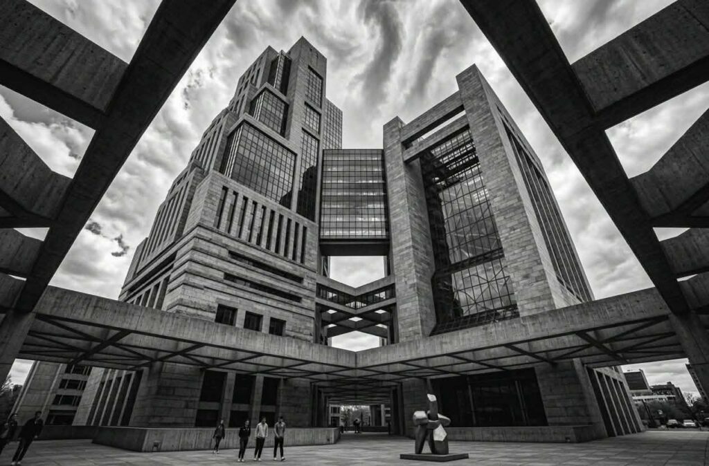 Esplanade d'un ensemble de bâtiments publics en béton, vue en contre-plongée
